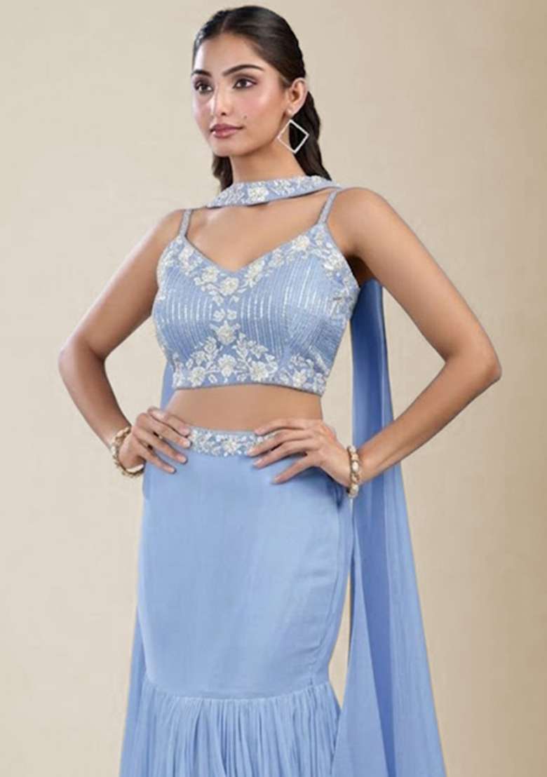 Ice Blue Chinon Embroidered Handwork Lehenga Set - Indya
