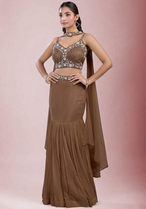 Brown Chinon Embroidered Handwork Lehenga Set