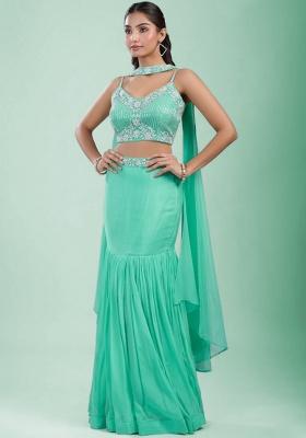 Bud Green Chinon Embroidered Handwork Lehenga Set