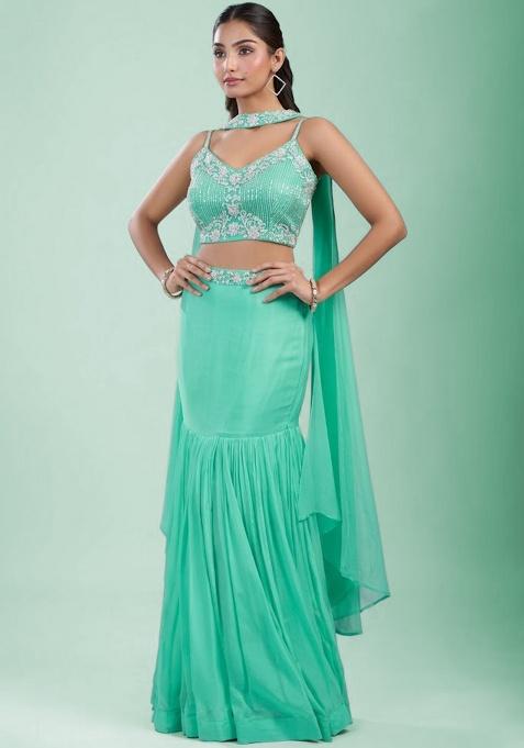 Bud Green Chinon Embroidered Handwork Lehenga Set