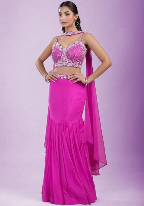 Pink Chinon Embroidered Handwork Lehenga Set