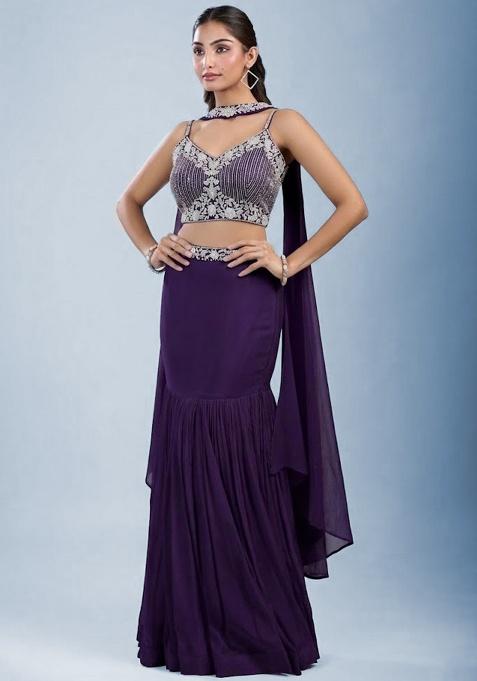 Purple Chinon Embroidered Handwork Lehenga Set