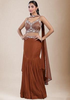 Rust Orange Chinon Embroidered Handwork Lehenga Set