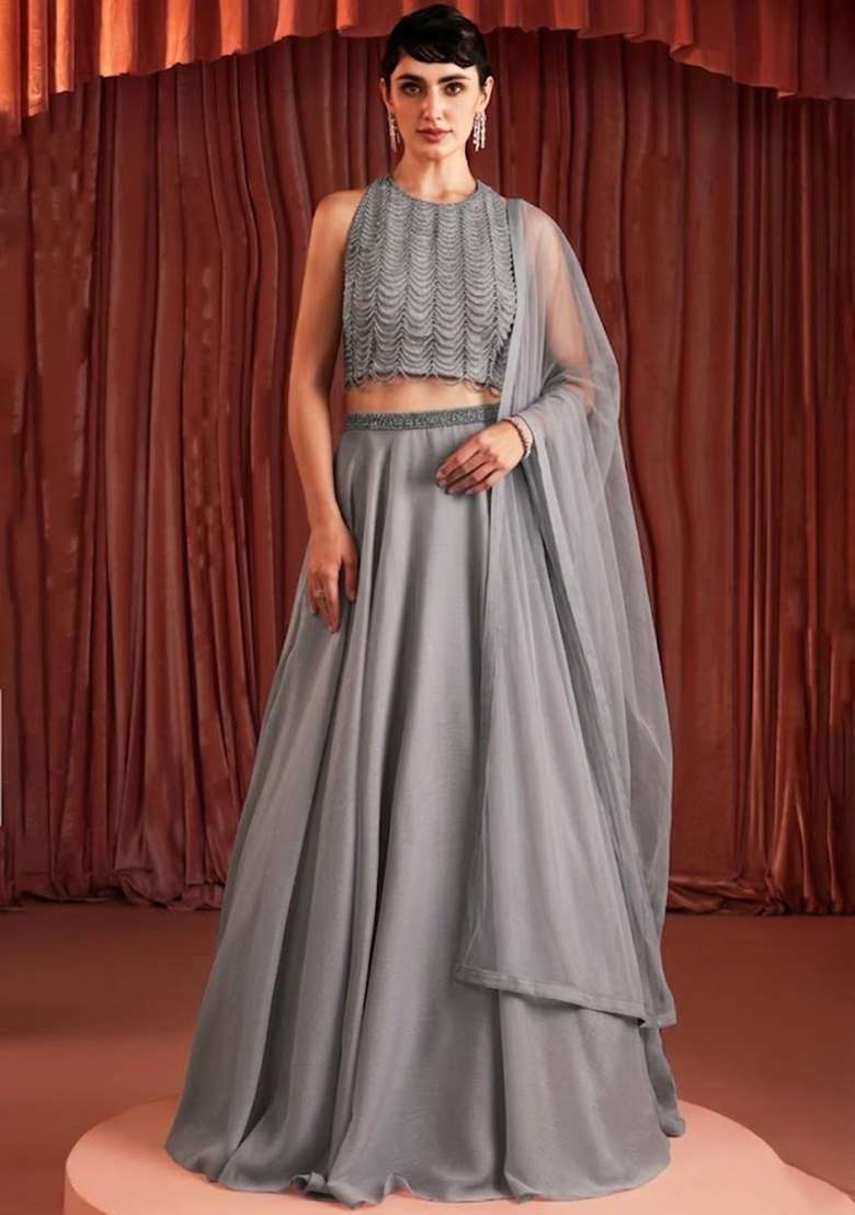 Grey Crepe Embellished Handwork Lehenga Set - Indya