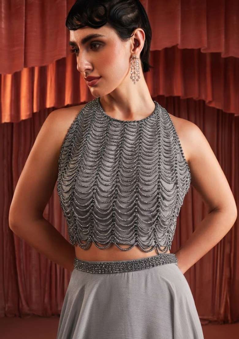 Grey Crepe Embellished Handwork Lehenga Set - Indya