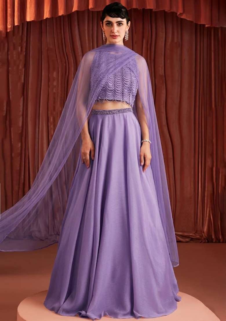 Lavender Crepe Embellished Handwork Lehenga Set - Indya