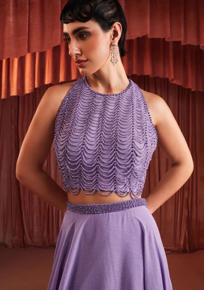 Lavender Crepe Embellished Handwork Lehenga Set - Indya