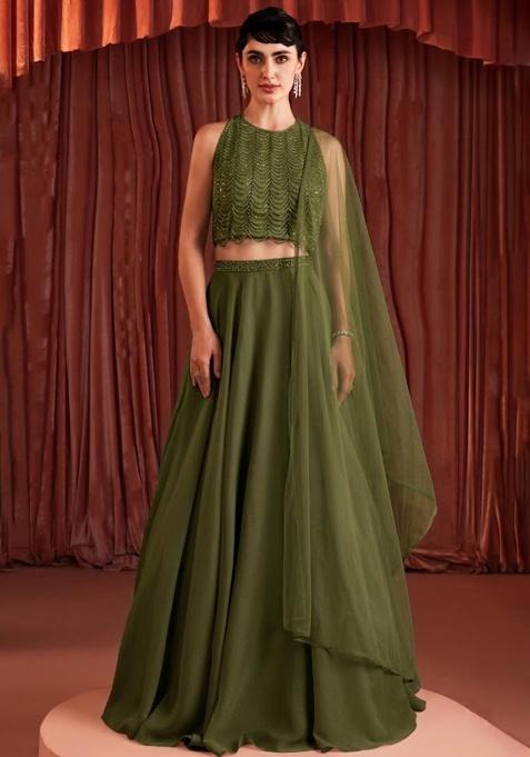 Olive Green Crepe Embellished Handwork Lehenga Set