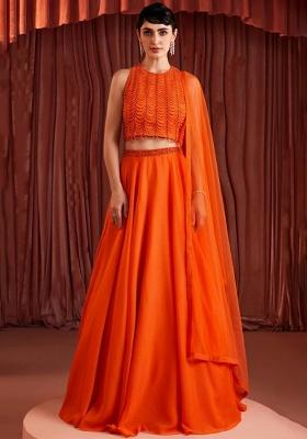Orange Crepe Embellished Handwork Lehenga Set
