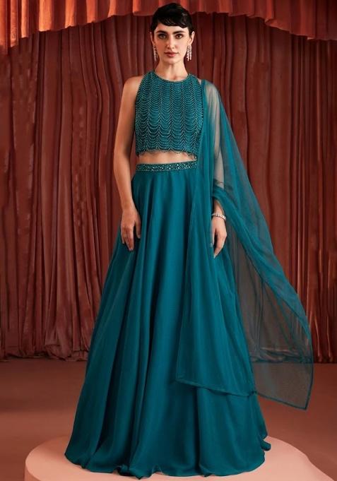 Teal Crepe Embellished Handwork Lehenga Set