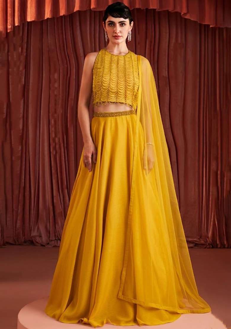 Yellow Crepe Embellished Handwork Lehenga Set - Indya