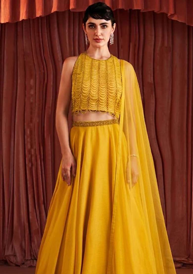 Yellow Crepe Embellished Handwork Lehenga Set - Indya