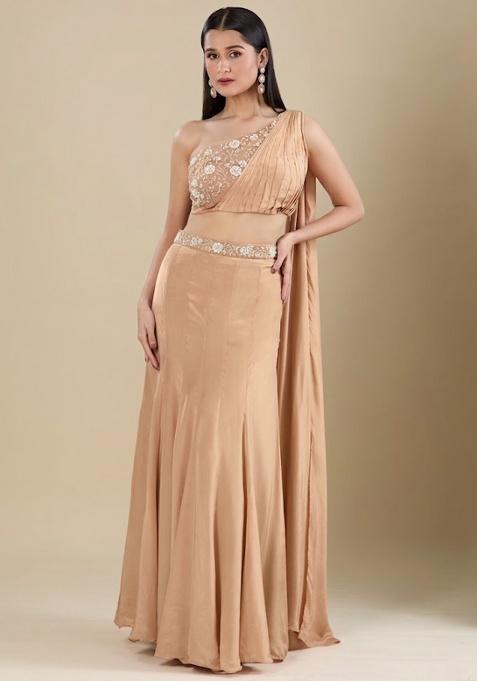 Peach Crepe Embellished Handwork Lehenga Set