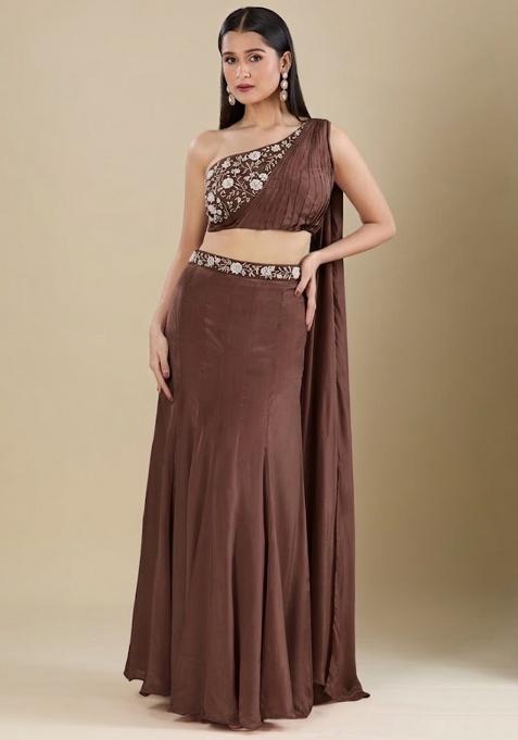 Chestnut Brown Crepe Embellished Handwork Lehenga Set