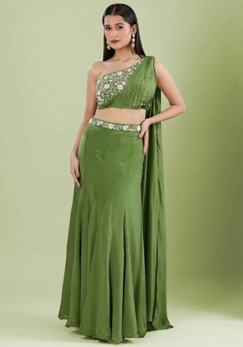 Green Crepe Embellished Handwork Lehenga Set