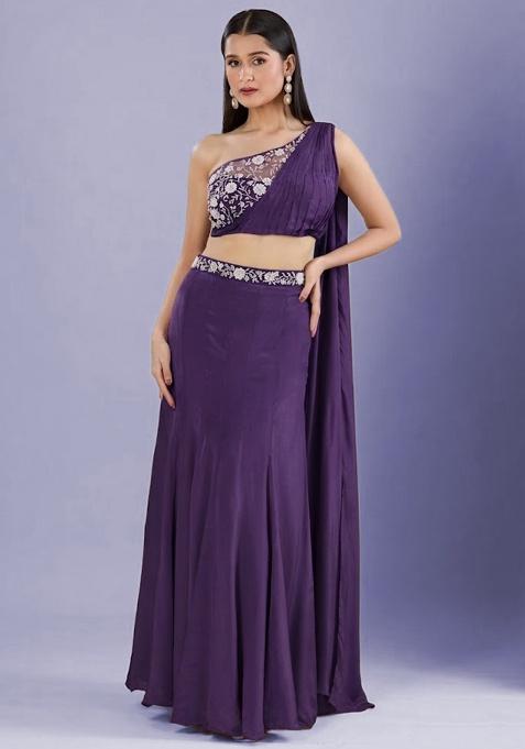 Purple Crepe Embellished Handwork Lehenga Set
