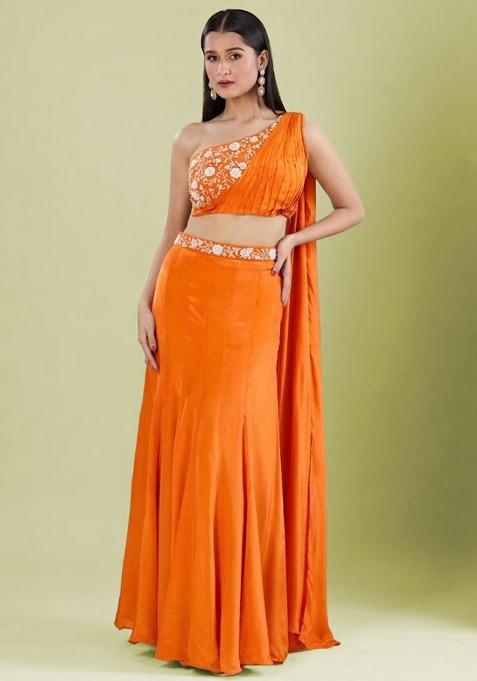 Tangelo Orange Crepe Embellished Handwork Lehenga Set