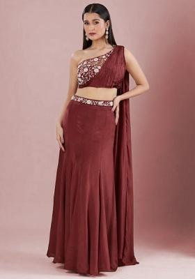 Tomato Red Crepe Embellished Handwork Lehenga Set