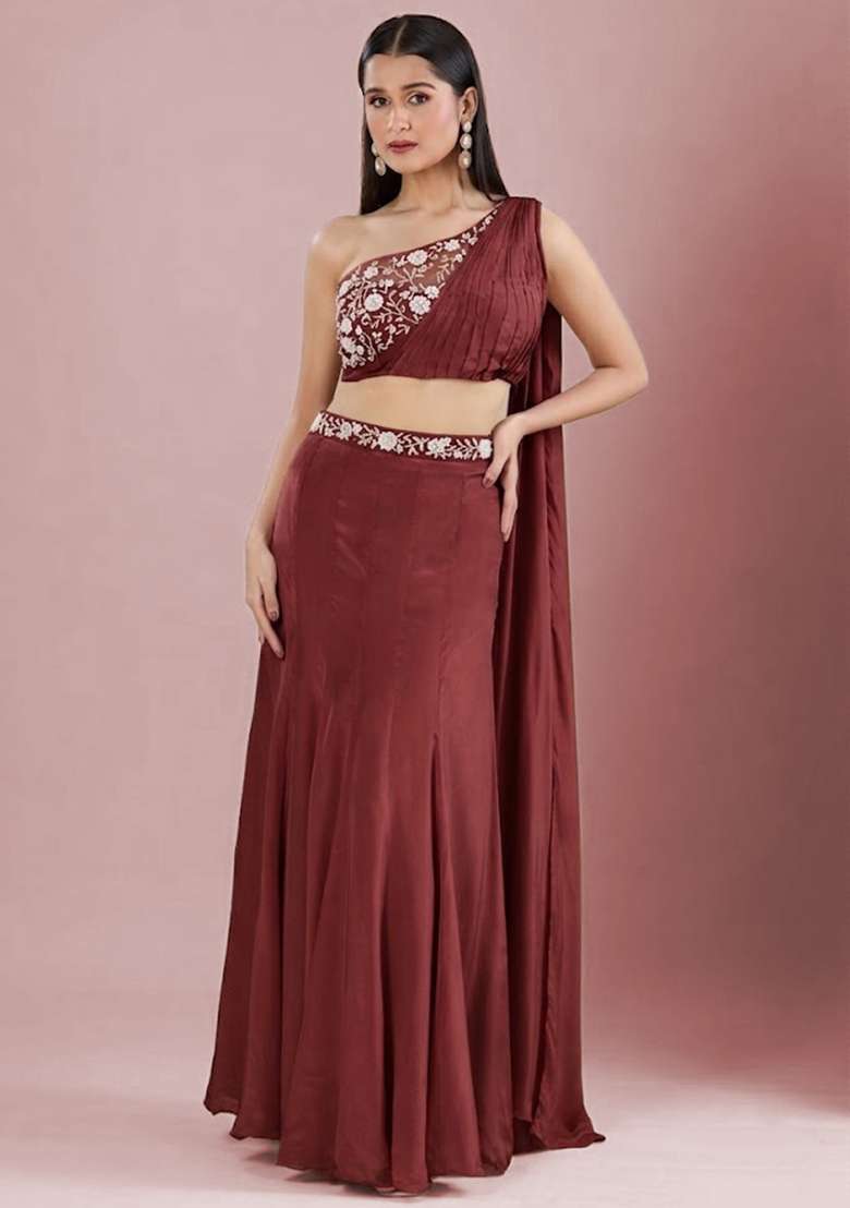 Tomato Red Crepe Embellished Handwork Lehenga Set - Indya