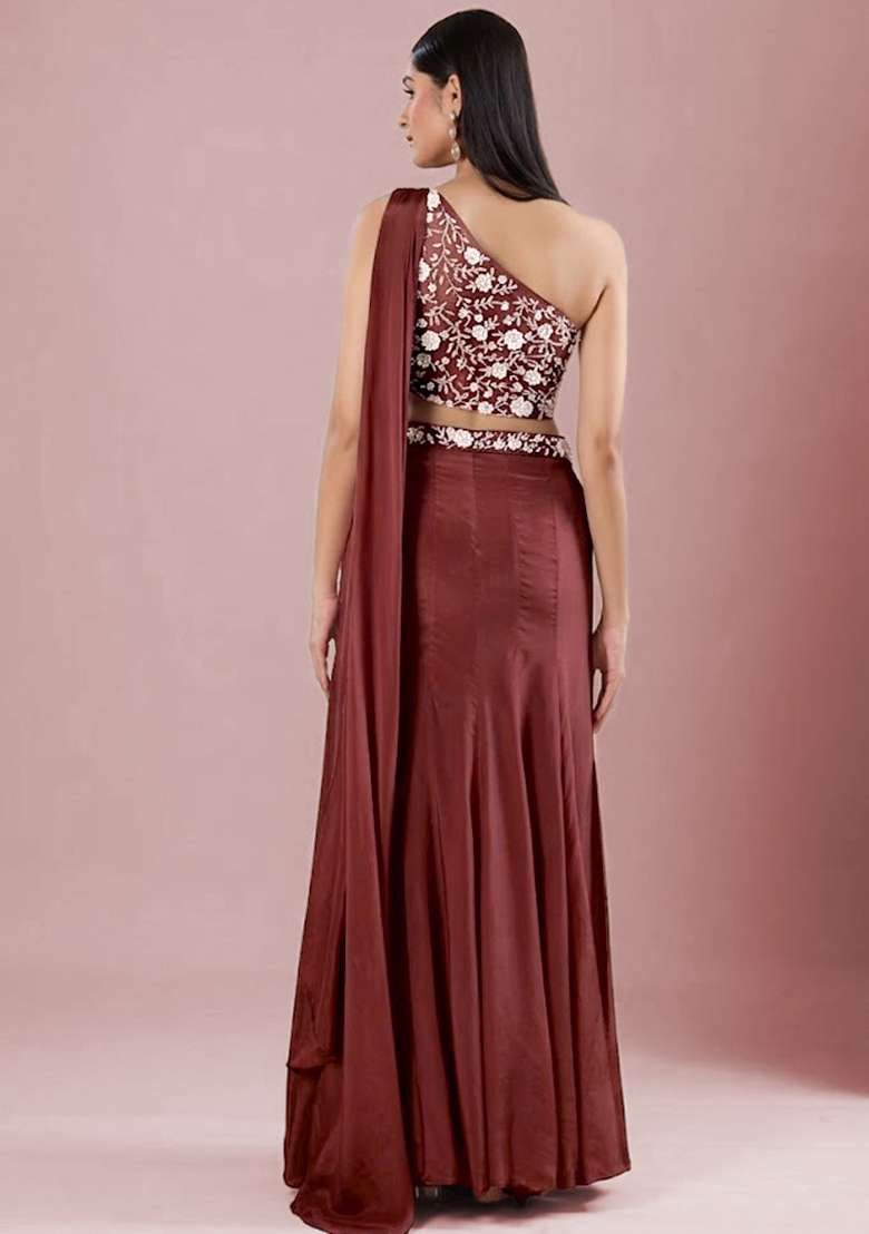 Tomato Red Crepe Embellished Handwork Lehenga Set - Indya