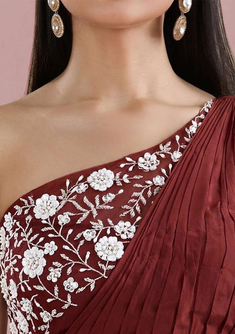 Tomato Red Crepe Embellished Handwork Lehenga Set - Indya