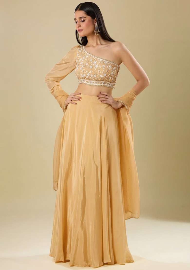 Yellow Crepe Embroidered Handwork Lehenga Set - Indya