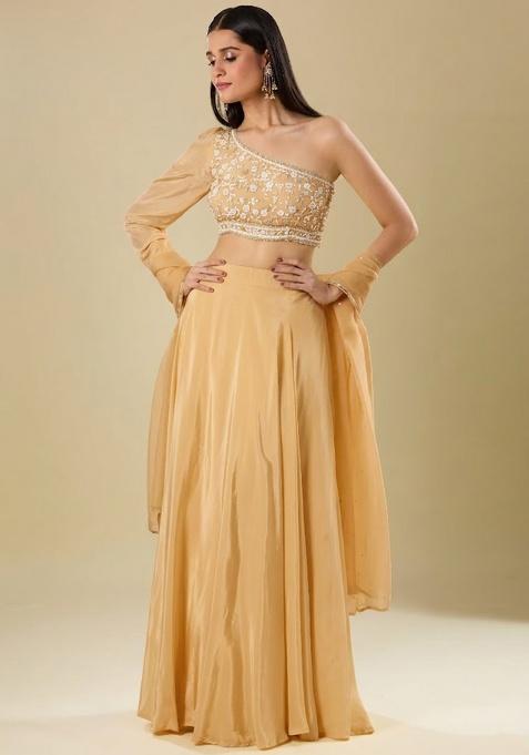 Yellow Crepe Embroidered Handwork Lehenga Set