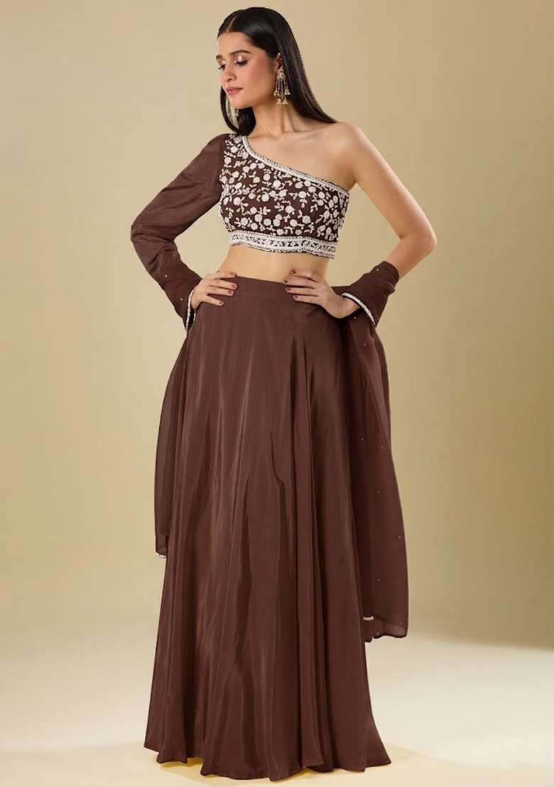 Chestnut Brown Crepe Embroidered Handwork Lehenga Set - Indya