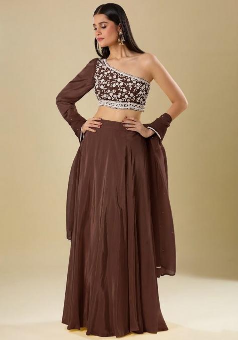 Chestnut Brown Crepe Embroidered Handwork Lehenga Set