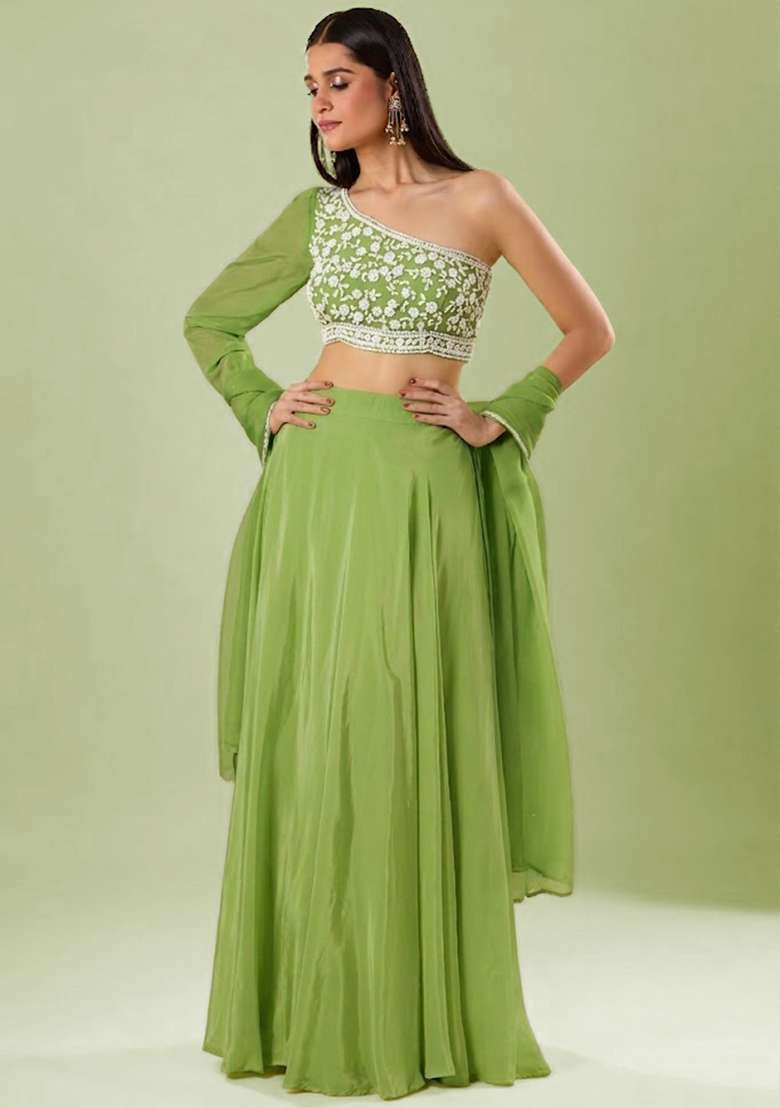 Green Crepe Embroidered Handwork Lehenga Set - Indya