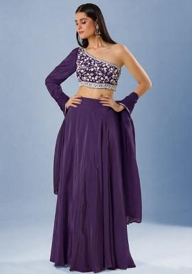 Purple Crepe Embroidered Handwork Lehenga Set