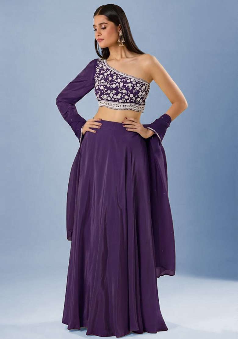 Purple Crepe Embroidered Handwork Lehenga Set - Indya
