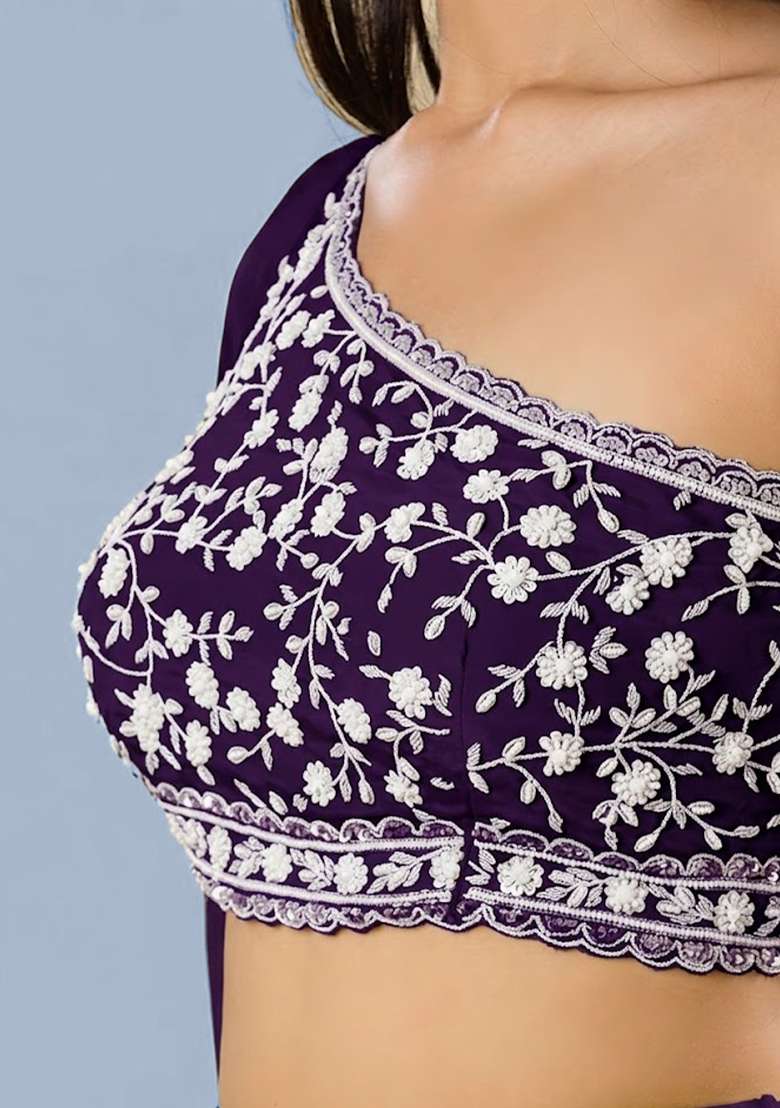 Purple Crepe Embroidered Handwork Lehenga Set - Indya