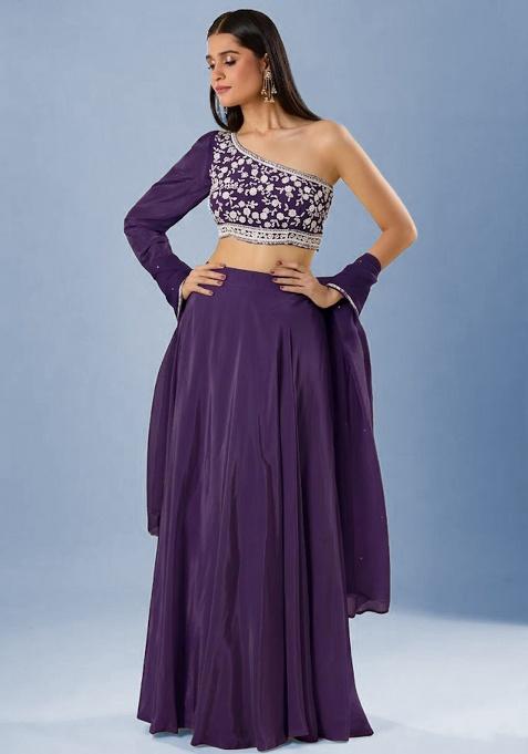 Purple Crepe Embroidered Handwork Lehenga Set