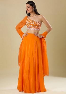 Tangelo Orange Crepe Embroidered Handwork Lehenga Set