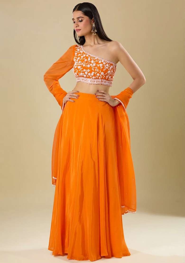 Tangelo Orange Crepe Embroidered Handwork Lehenga Set - Indya