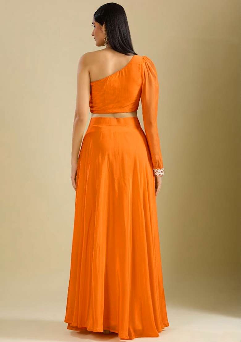 Tangelo Orange Crepe Embroidered Handwork Lehenga Set - Indya