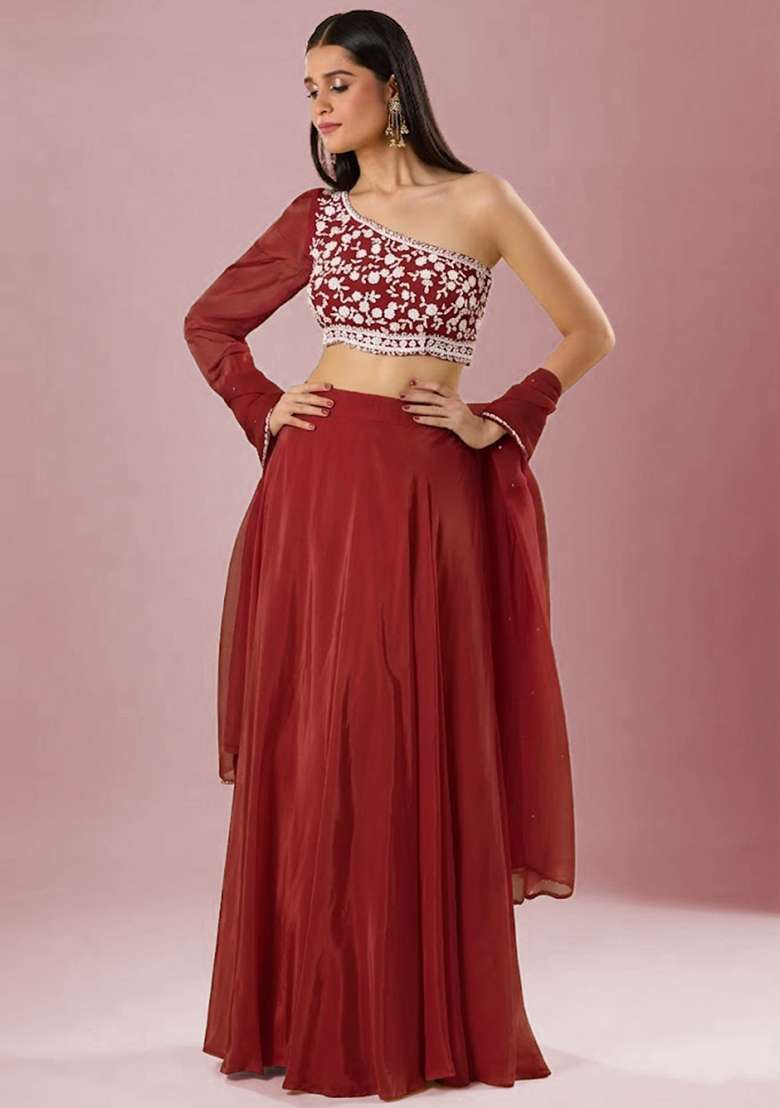 Tomato Red Crepe Embroidered Handwork Lehenga Set - Indya