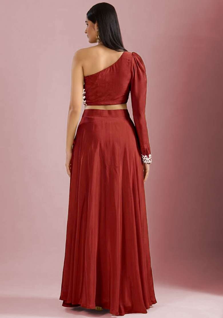 Tomato Red Crepe Embroidered Handwork Lehenga Set - Indya
