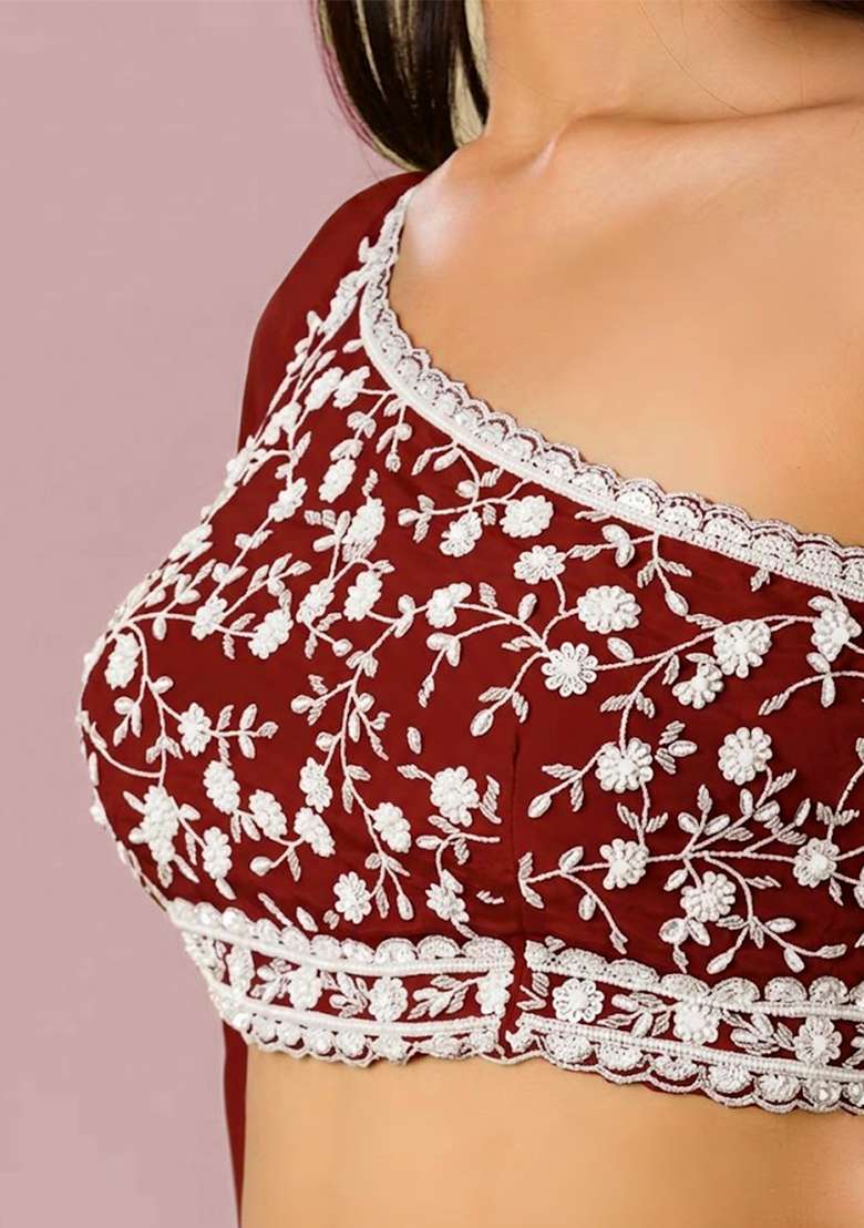Tomato Red Crepe Embroidered Handwork Lehenga Set - Indya