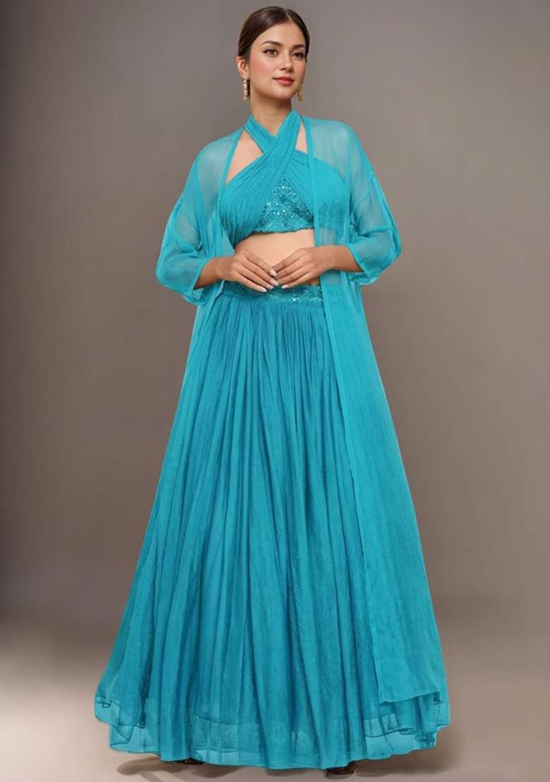 Blue Embellished Georgette Lehenga Set with Handwork for Diwali | Wedding & Festive Wear - Indya