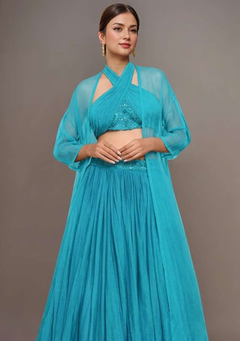 Blue Embellished Georgette Lehenga Set with Handwork for Diwali | Wedding & Festive Wear - Indya