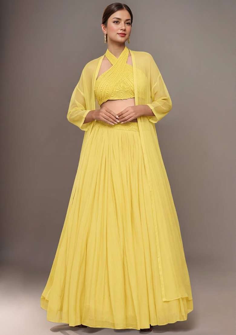 Corn Yellow Embellished Georgette Lehenga Set with Handwork for Diwali | Wedding & Festive Wear - Indya