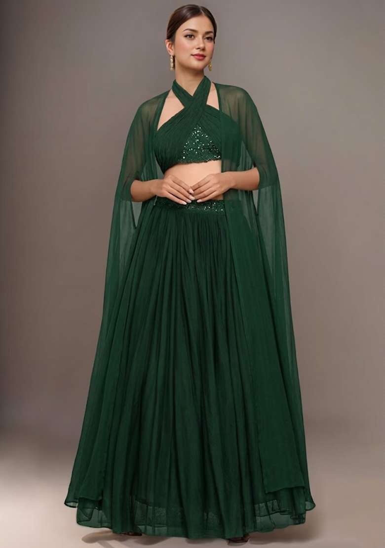Dark Green Georgette Embellished Handwork Lehenga Set for Diwali and Festive Wear - Indya