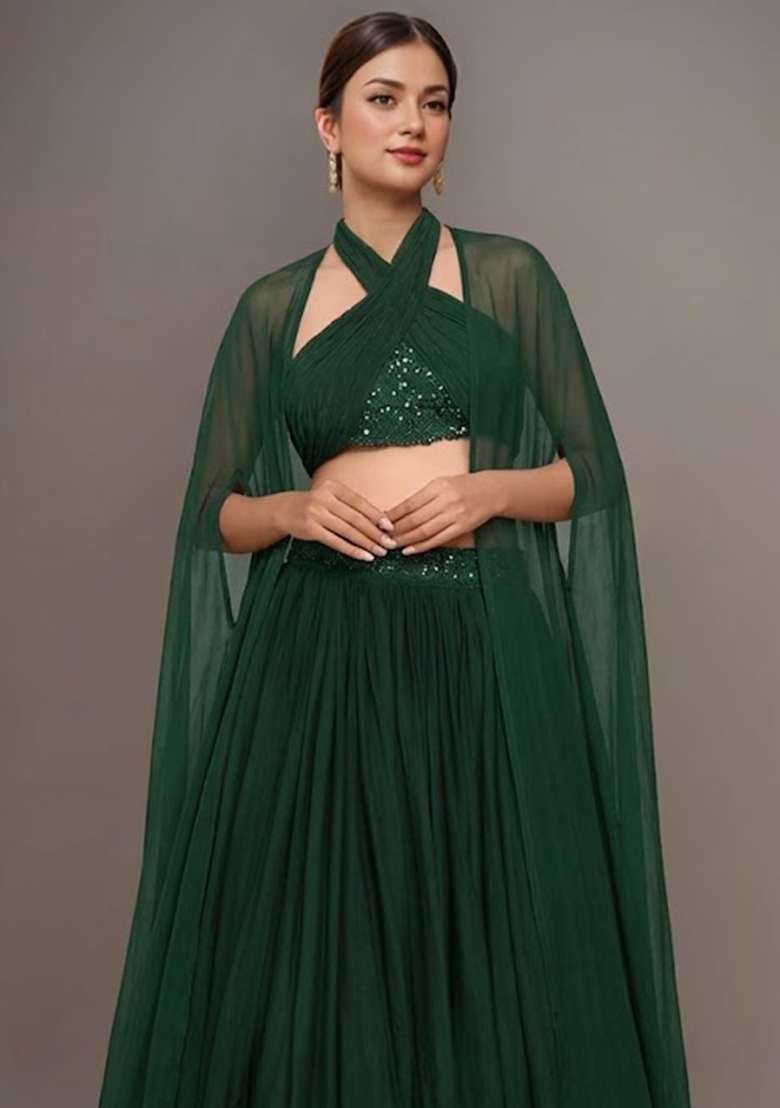 Dark Green Georgette Embellished Handwork Lehenga Set for Diwali and Festive Wear - Indya