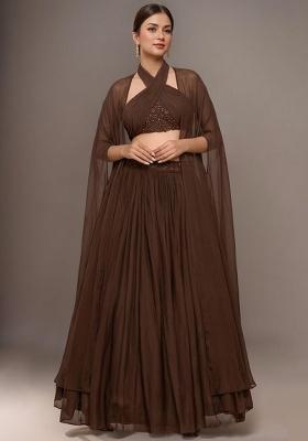 Fudge Brown Georgette  Embellished Handwork Lehenga Set
