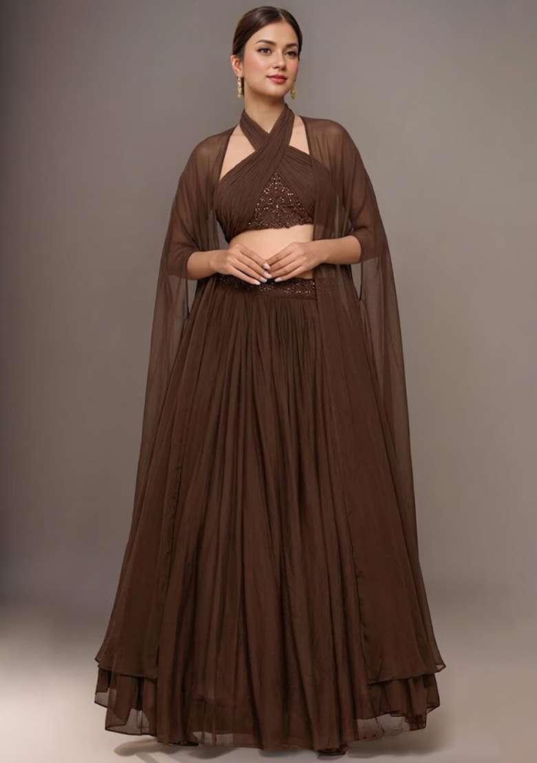 Fudge Brown Georgette Embellished Handwork Lehenga Set for Diwali and Festive Wear - Indya