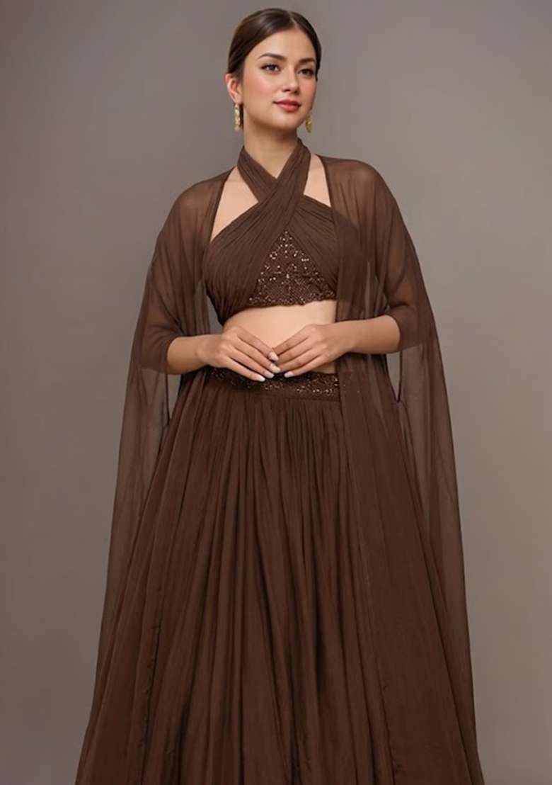 Fudge Brown Georgette Embellished Handwork Lehenga Set for Diwali and Festive Wear - Indya