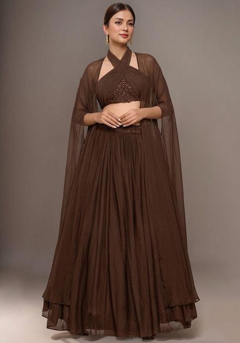 Fudge Brown Georgette  Embellished Handwork Lehenga Set