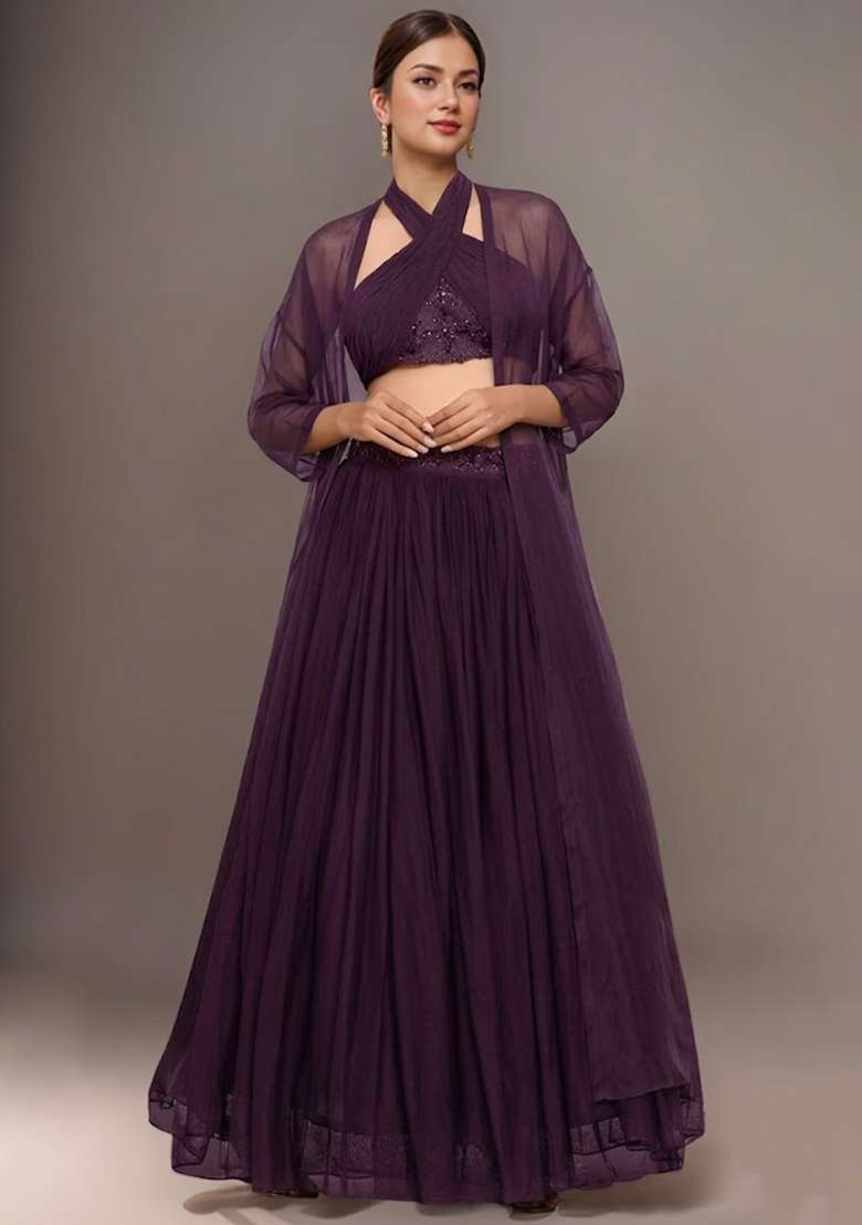 Ink Blue Embellished Georgette Lehenga Set with Handwork for Diwali | Wedding & Festive Wear - Indya
